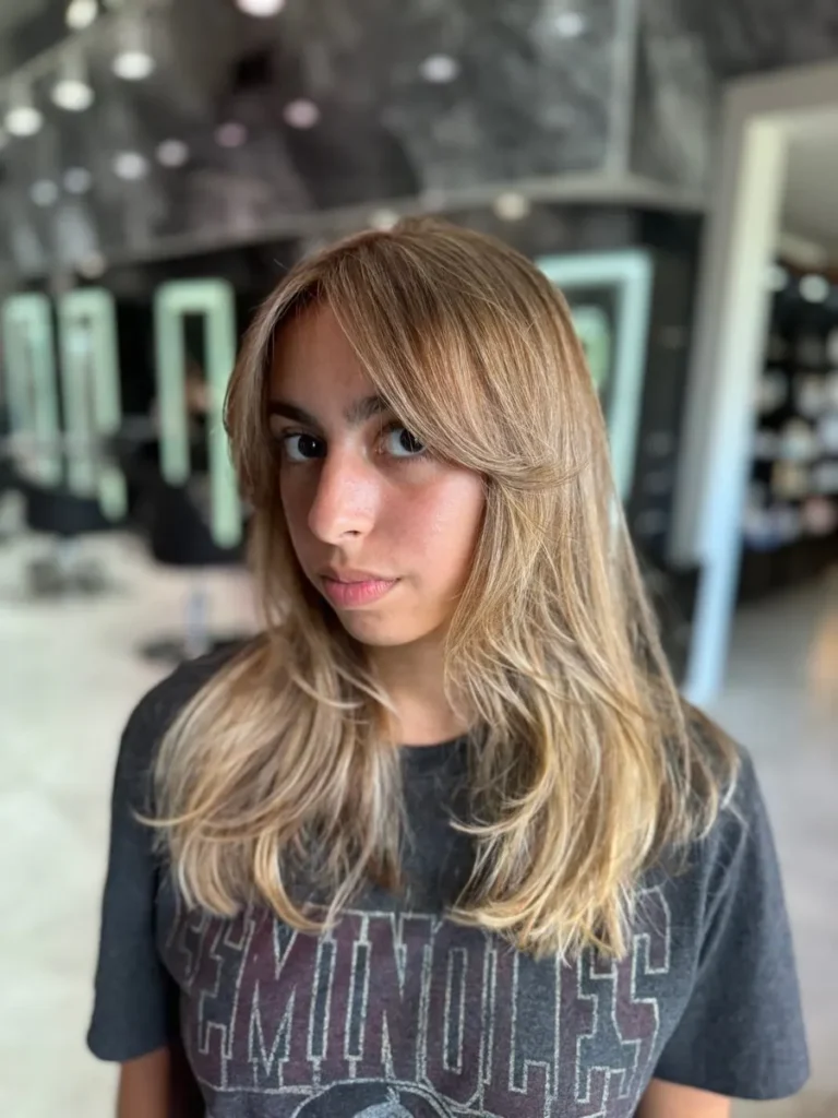 Honey blonde balayage with layers, MG Hair Studios